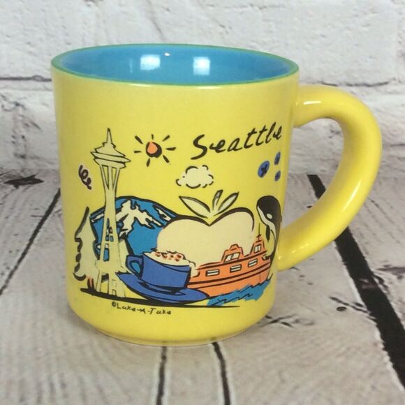 LUKE-A-TUKE ❤️Seattle Coffee/Tea Mug/Cup Yellow Ceramic Multicolored Collectible - Picture 5 of 6